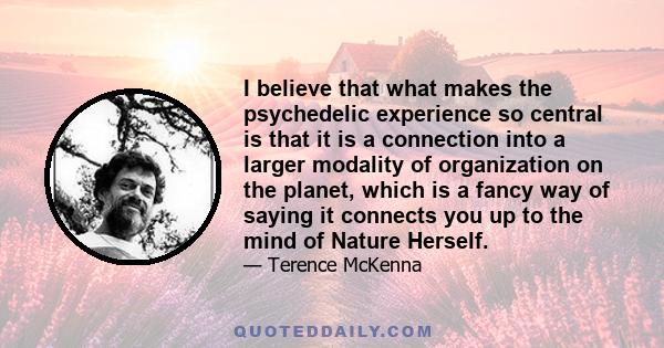 I believe that what makes the psychedelic experience so central is that it is a connection into a larger modality of organization on the planet, which is a fancy way of saying it connects you up to the mind of Nature