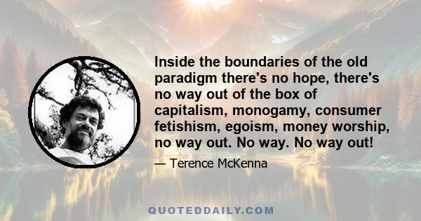 Inside the boundaries of the old paradigm there's no hope, there's no way out of the box of capitalism, monogamy, consumer fetishism, egoism, money worship, no way out. No way. No way out!