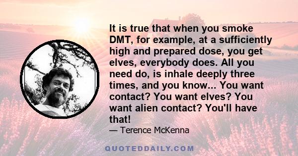 It is true that when you smoke DMT, for example, at a sufficiently high and prepared dose, you get elves, everybody does. All you need do, is inhale deeply three times, and you know... You want contact? You want elves?