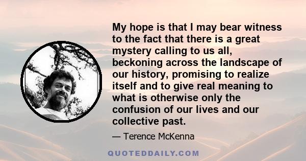 My hope is that I may bear witness to the fact that there is a great mystery calling to us all, beckoning across the landscape of our history, promising to realize itself and to give real meaning to what is otherwise