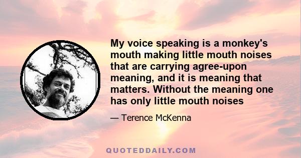 My voice speaking is a monkey's mouth making little mouth noises that are carrying agree-upon meaning, and it is meaning that matters. Without the meaning one has only little mouth noises