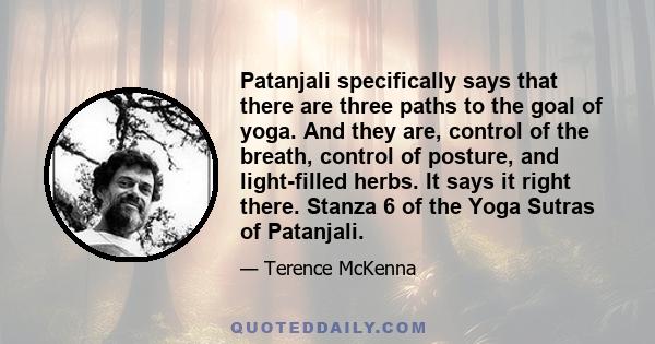 Patanjali specifically says that there are three paths to the goal of yoga. And they are, control of the breath, control of posture, and light-filled herbs. It says it right there. Stanza 6 of the Yoga Sutras of