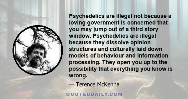 Psychedelics are illegal not because a loving government is concerned that you may jump out of a third story window. Psychedelics are illegal because they dissolve opinion structures and culturally laid down models of