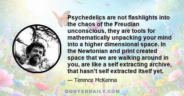 Psychedelics are not flashlights into the chaos of the Freudian unconscious, they are tools for mathematically unpacking your mind into a higher dimensional space. In the Newtonian and print created space that we are