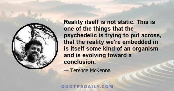 Reality itself is not static. This is one of the things that the psychedelic is trying to put across, that the reality we're embedded in is itself some kind of an organism and is evolving toward a conclusion.