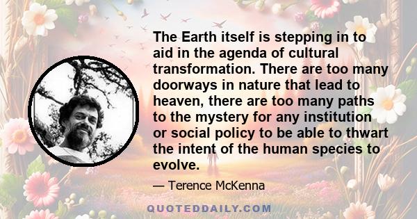 The Earth itself is stepping in to aid in the agenda of cultural transformation. There are too many doorways in nature that lead to heaven, there are too many paths to the mystery for any institution or social policy to 