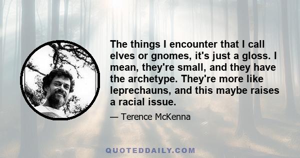 The things I encounter that I call elves or gnomes, it's just a gloss. I mean, they're small, and they have the archetype. They're more like leprechauns, and this maybe raises a racial issue.