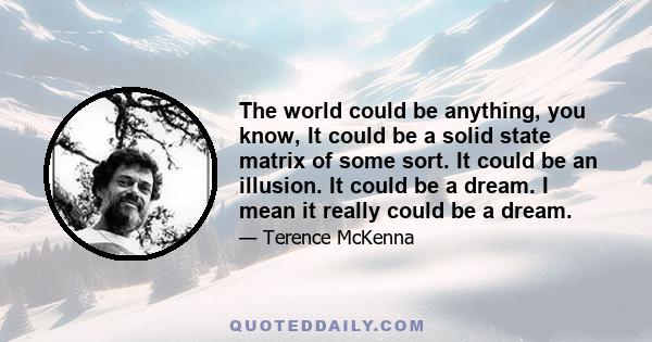 The world could be anything, you know, It could be a solid state matrix of some sort. It could be an illusion. It could be a dream. I mean it really could be a dream.