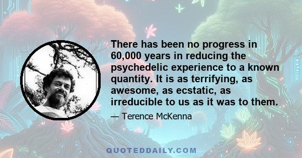 There has been no progress in 60,000 years in reducing the psychedelic experience to a known quantity. It is as terrifying, as awesome, as ecstatic, as irreducible to us as it was to them.