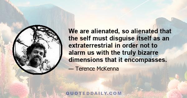 We are alienated, so alienated that the self must disguise itself as an extraterrestrial in order not to alarm us with the truly bizarre dimensions that it encompasses.