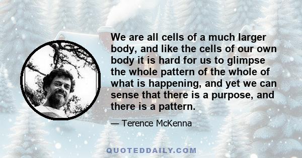 We are all cells of a much larger body, and like the cells of our own body it is hard for us to glimpse the whole pattern of the whole of what is happening, and yet we can sense that there is a purpose, and there is a