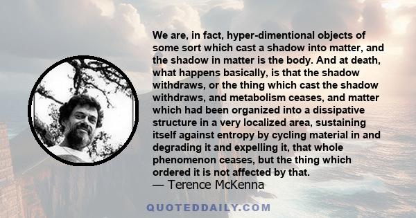 We are, in fact, hyper-dimentional objects of some sort which cast a shadow into matter, and the shadow in matter is the body. And at death, what happens basically, is that the shadow withdraws, or the thing which cast