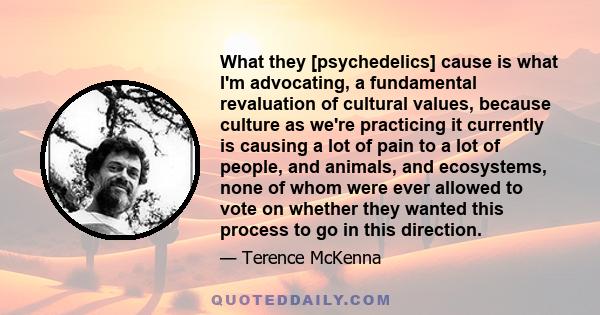 What they [psychedelics] cause is what I'm advocating, a fundamental revaluation of cultural values, because culture as we're practicing it currently is causing a lot of pain to a lot of people, and animals, and