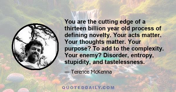 You are the cutting edge of a thirteen billion year old process of defining novelty. Your acts matter. Your thoughts matter. Your purpose? To add to the complexity. Your enemy? Disorder, entropy, stupidity, and