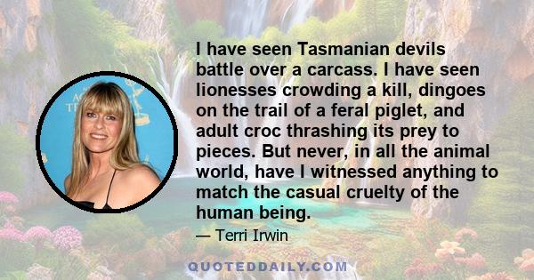 I have seen Tasmanian devils battle over a carcass. I have seen lionesses crowding a kill, dingoes on the trail of a feral piglet, and adult croc thrashing its prey to pieces. But never, in all the animal world, have I