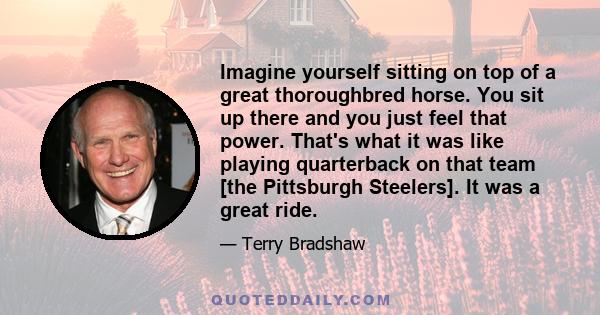 Imagine yourself sitting on top of a great thoroughbred horse. You sit up there and you just feel that power. That's what it was like playing quarterback on that team [the Pittsburgh Steelers]. It was a great ride.