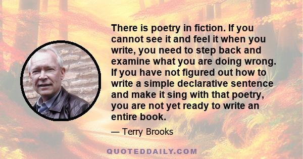 There is poetry in fiction. If you cannot see it and feel it when you write, you need to step back and examine what you are doing wrong. If you have not figured out how to write a simple declarative sentence and make it 