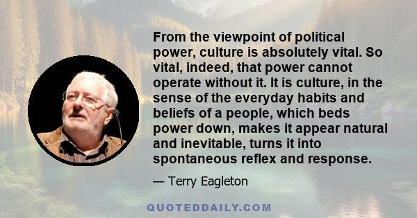 From the viewpoint of political power, culture is absolutely vital. So vital, indeed, that power cannot operate without it. It is culture, in the sense of the everyday habits and beliefs of a people, which beds power