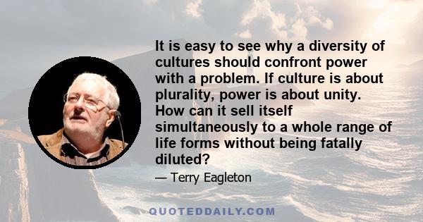 It is easy to see why a diversity of cultures should confront power with a problem. If culture is about plurality, power is about unity. How can it sell itself simultaneously to a whole range of life forms without being 