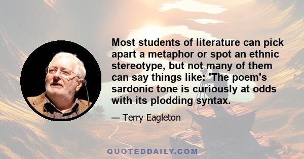 Most students of literature can pick apart a metaphor or spot an ethnic stereotype, but not many of them can say things like: 'The poem's sardonic tone is curiously at odds with its plodding syntax.