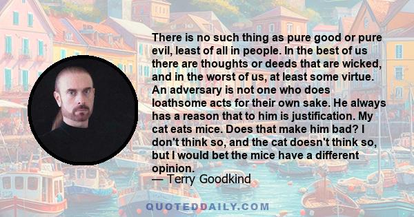 There is no such thing as pure good or pure evil, least of all in people. In the best of us there are thoughts or deeds that are wicked, and in the worst of us, at least some virtue. An adversary is not one who does