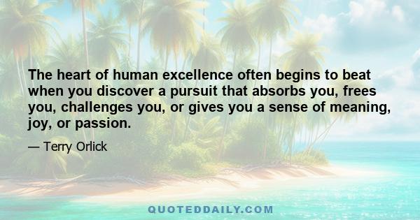 The heart of human excellence often begins to beat when you discover a pursuit that absorbs you, frees you, challenges you, or gives you a sense of meaning, joy, or passion.