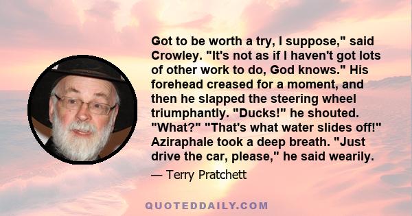 Got to be worth a try, I suppose, said Crowley. It's not as if I haven't got lots of other work to do, God knows. His forehead creased for a moment, and then he slapped the steering wheel triumphantly. Ducks! he