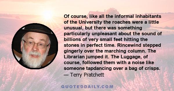 Of course, like all the informal inhabitants of the University the roaches were a little unusual, but there was something particularly unpleasant about the sound of billions of very small feet hitting the stones in