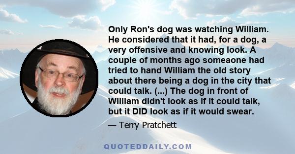 Only Ron's dog was watching William. He considered that it had, for a dog, a very offensive and knowing look. A couple of months ago someaone had tried to hand William the old story about there being a dog in the city