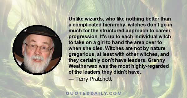 Unlike wizards, who like nothing better than a complicated hierarchy, witches don't go in much for the structured approach to career progression. It's up to each individual witch to take on a girl to hand the area over