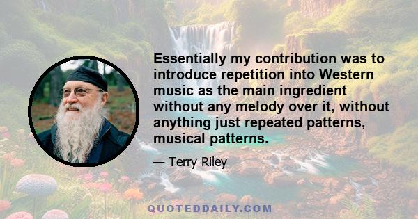 Essentially my contribution was to introduce repetition into Western music as the main ingredient without any melody over it, without anything just repeated patterns, musical patterns.