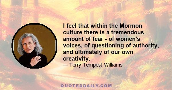 I feel that within the Mormon culture there is a tremendous amount of fear - of women's voices, of questioning of authority, and ultimately of our own creativity.