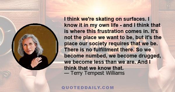 I think we're skating on surfaces. I know it in my own life - and I think that is where this frustration comes in. It's not the place we want to be, but it's the place our society requires that we be. There is no