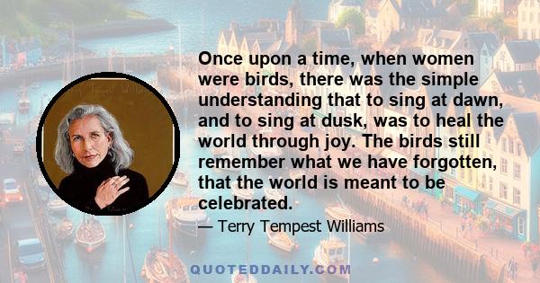 Once upon a time, when women were birds, there was the simple understanding that to sing at dawn, and to sing at dusk, was to heal the world through joy. The birds still remember what we have forgotten, that the world