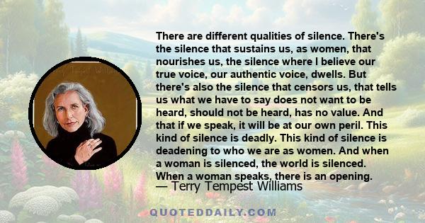 There are different qualities of silence. There's the silence that sustains us, as women, that nourishes us, the silence where I believe our true voice, our authentic voice, dwells. But there's also the silence that