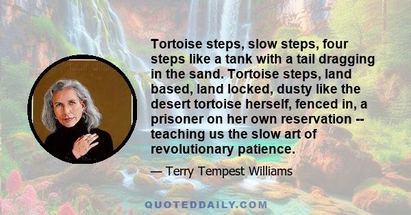 Tortoise steps, slow steps, four steps like a tank with a tail dragging in the sand. Tortoise steps, land based, land locked, dusty like the desert tortoise herself, fenced in, a prisoner on her own reservation --