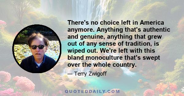 There's no choice left in America anymore. Anything that's authentic and genuine, anything that grew out of any sense of tradition, is wiped out. We're left with this bland monoculture that's swept over the whole