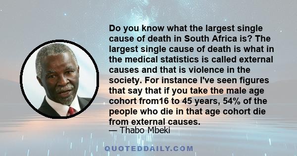 Do you know what the largest single cause of death in South Africa is? The largest single cause of death is what in the medical statistics is called external causes and that is violence in the society. For instance I've 