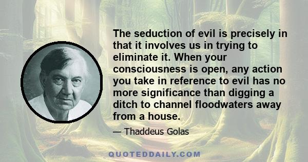 The seduction of evil is precisely in that it involves us in trying to eliminate it. When your consciousness is open, any action you take in reference to evil has no more significance than digging a ditch to channel