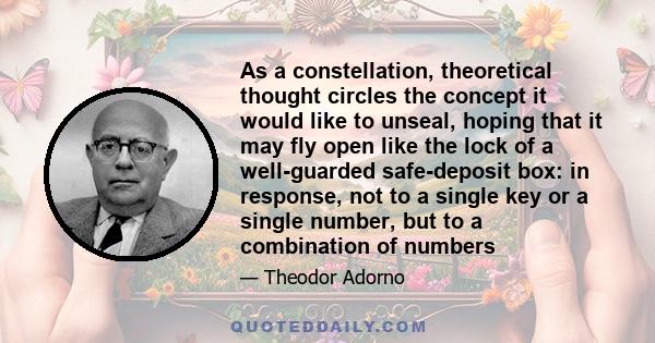 As a constellation, theoretical thought circles the concept it would like to unseal, hoping that it may fly open like the lock of a well-guarded safe-deposit box: in response, not to a single key or a single number, but 