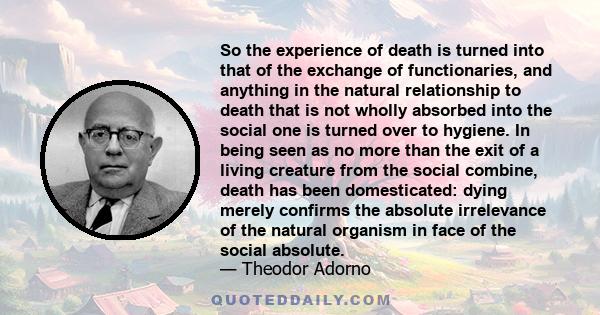 So the experience of death is turned into that of the exchange of functionaries, and anything in the natural relationship to death that is not wholly absorbed into the social one is turned over to hygiene. In being seen 