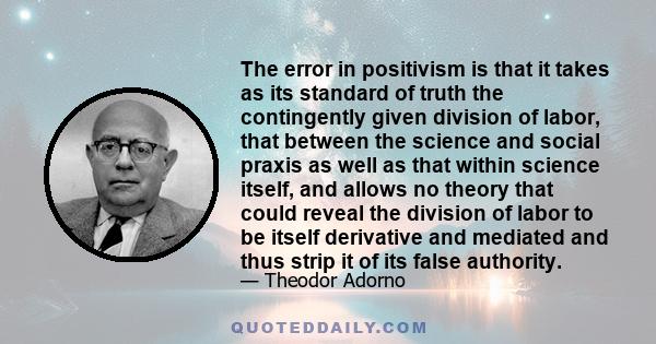 The error in positivism is that it takes as its standard of truth the contingently given division of labor, that between the science and social praxis as well as that within science itself, and allows no theory that