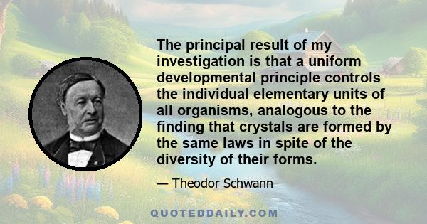 The principal result of my investigation is that a uniform developmental principle controls the individual elementary units of all organisms, analogous to the finding that crystals are formed by the same laws in spite