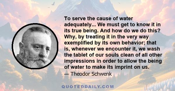 To serve the cause of water adequately... We must get to know it in its true being. And how do we do this? Why, by treating it in the very way exemplified by its own behavior; that is, whenever we encounter it, we wash