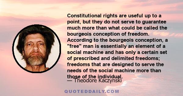 Constitutional rights are useful up to a point, but they do not serve to guarantee much more than what could be called the bourgeois conception of freedom. According to the bourgeois conception, a free man is