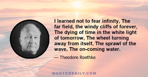 I learned not to fear infinity, The far field, the windy cliffs of forever, The dying of time in the white light of tomorrow, The wheel turning away from itself, The sprawl of the wave, The on-coming water.