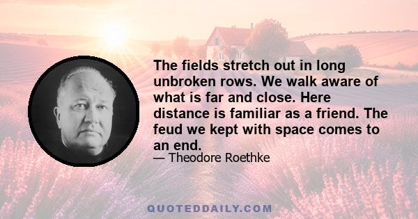 The fields stretch out in long unbroken rows. We walk aware of what is far and close. Here distance is familiar as a friend. The feud we kept with space comes to an end.