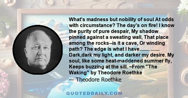 What's madness but nobility of soul At odds with circumstance? The day's on fire! I know the purity of pure despair, My shadow pinned against a sweating wall, That place among the rocks--is it a cave, Or winding path?