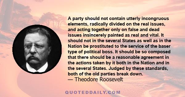 A party should not contain utterly incongruous elements, radically divided on the real issues, and acting together only on false and dead issues insincerely painted as real and vital. It should not in the several States 