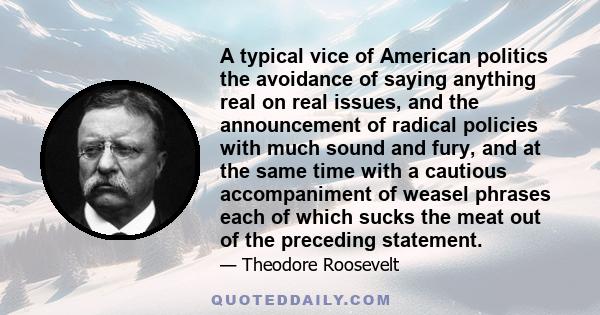 A typical vice of American politics the avoidance of saying anything real on real issues, and the announcement of radical policies with much sound and fury, and at the same time with a cautious accompaniment of weasel